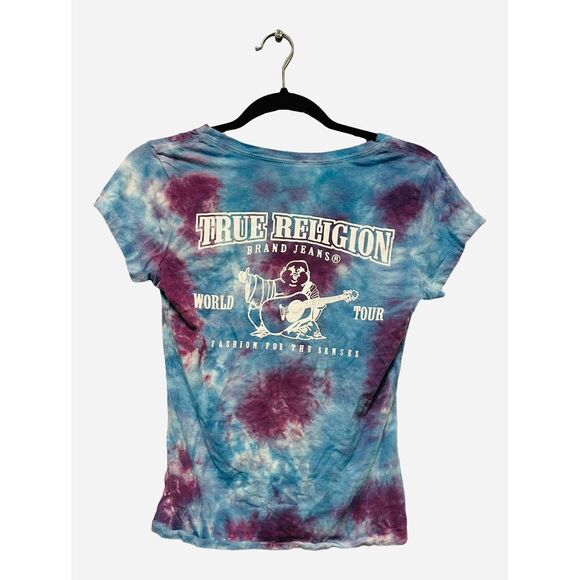 True Religion Tie Dye Y2K Buddha TShirt Purple Blue Graphic V-Neck Size XS - Picture 2 of 4